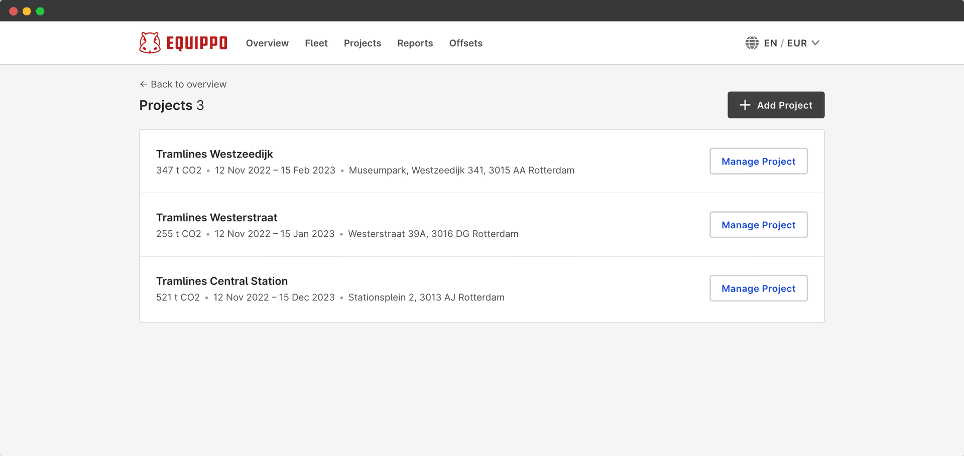 Een overzicht van hoe het projectendashboard eruit ziet als je projecten toevoegt
